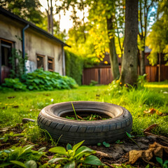 Abandoned Car Tire in a Yard Becoming Breeding Ground for Aedes Mosquito, Dengue Carrier