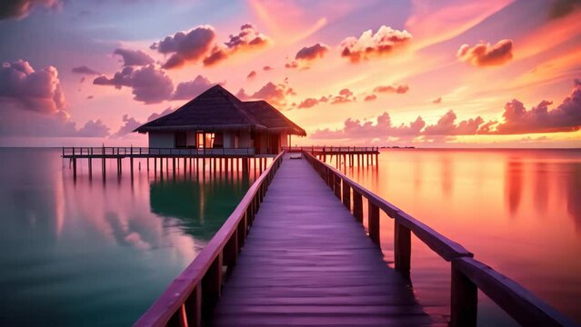 tropical beach at Maldives with few palm trees and blue lagoon, An amazing sunset landscape, Picturesque summer sunset in the Maldives, Luxury resort villas seascape with