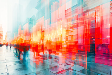 Abstract colorful blur of movement in a bustling cityscape with geometric shapes