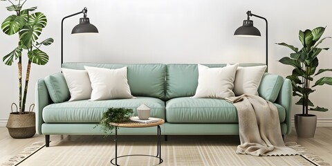Warm and Cozy Home Interior with Stylish Green Sofa  