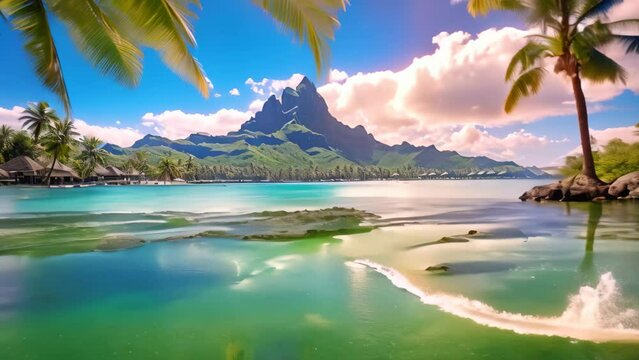Tropical island with water bungalows and palm trees underwater, Bora Bora landscape