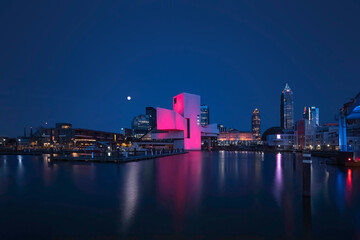 Cleveland (OH) skyline from N Coast Harbor Walkway, at sunset