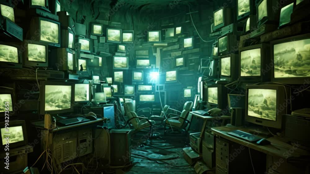 Poster abandoned room with many old computer monitors. 3d rendering, computer monitors in a room with many 