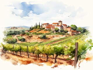 A small village on a hilltop with a vineyard in the foreground.