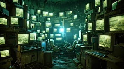Abandoned room with many old computer monitors. 3d rendering, Computer monitors in a room with many screens and monitors on the wall - Powered by Adobe