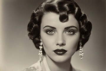 Fototapeta premium Classic 20s Black and White Portrait of a Woman with a Vintage Finger Wave Hairstyle.