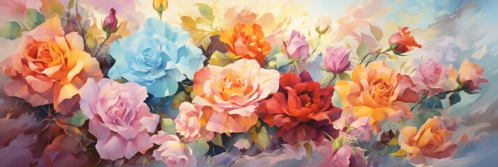 Background with watercolor roses of different colors and sizes