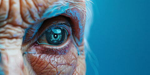old woman with a modern electronic artificial eye of the 21st century on blue background.