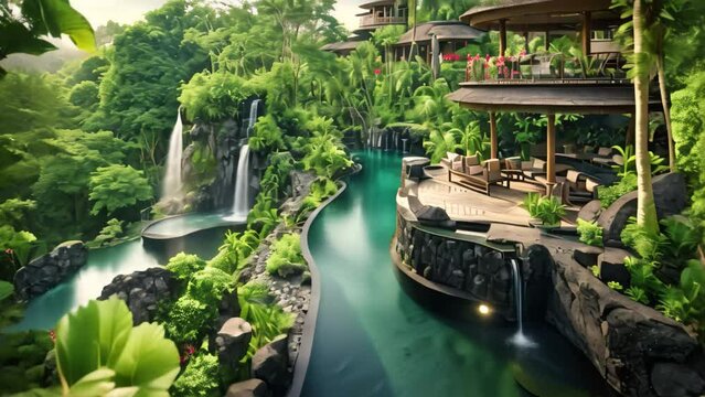 Tropical garden with waterfall in the jungle of Bali, Indonesia, Exotic oasis in Bali, featuring a tropical swimming pool nestled amidst the breathtaking scenery of Indonesia's