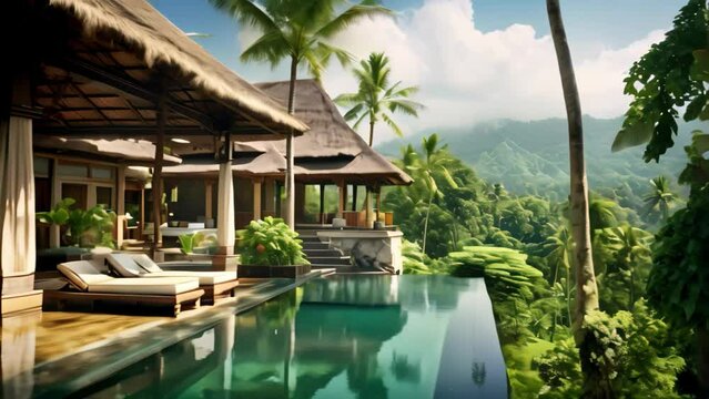 Tropical garden with waterfall in the jungle of Bali, Indonesia, Exotic oasis in Bali, featuring a tropical swimming pool nestled amidst the breathtaking scenery of Indonesia's