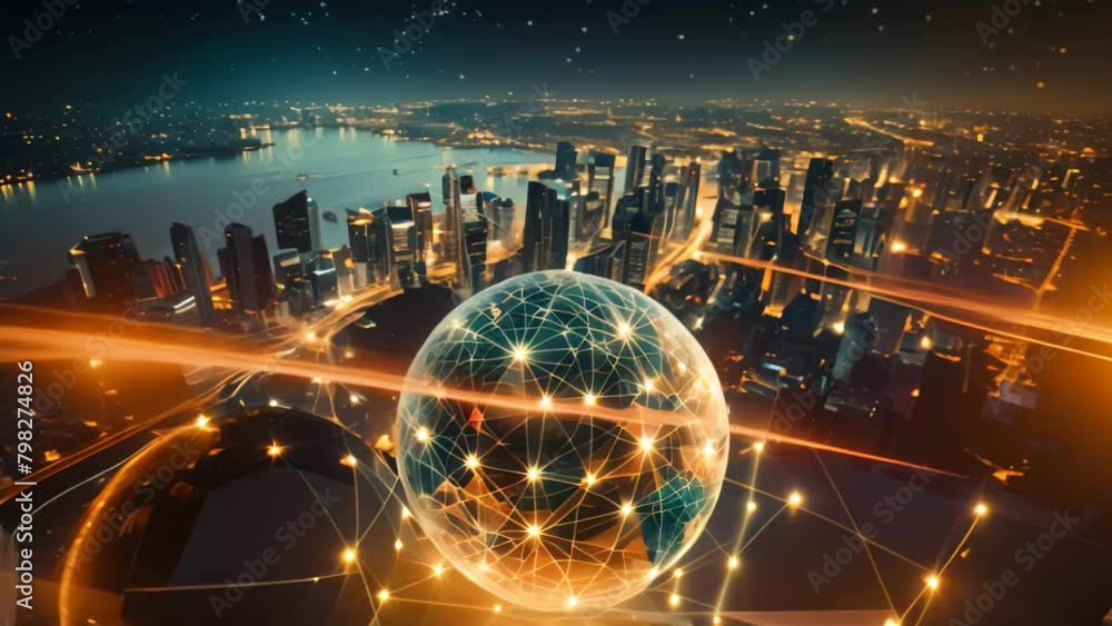 Poster globe and network connection over cityscape background. globalization concept, global network connec