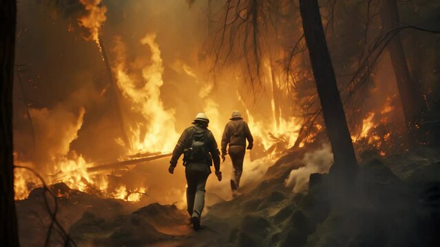Firefighters fighting a fire in the forest. 3D rendering, Firefighters battling a wildfire