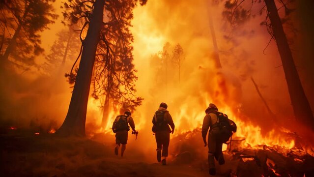 Firefighters extinguish a fire in a forest. Firefighters fighting a fire, Firefighters battling a wildfire