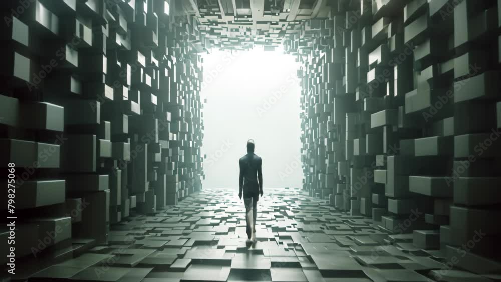 Poster futuristic corridor with a man in front of it 3d rendering, humanoid robot walks through the fourth-