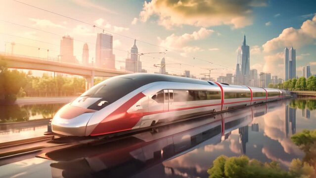 Modern high-speed train on the background of skyscrapers, High-speed train on the road to the modern city, presented in 3D rendering