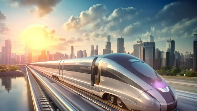 High-speed train on the highway at sunset in Shanghai, China, High-speed train on the road to the modern city, presented in 3D rendering