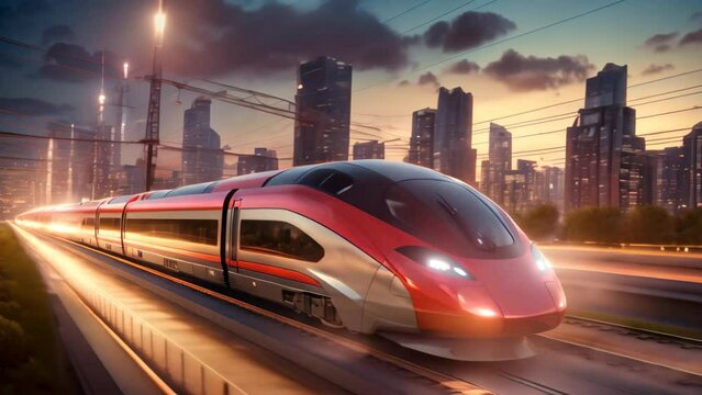High-speed train on the road in the city. 3D rendering, High-speed train on the road to the modern city, presented in 3D rendering