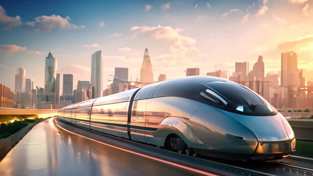 High speed train on the road at sunset,high speed transportation concept, High-speed train on the road to the modern city, presented in 3D rendering