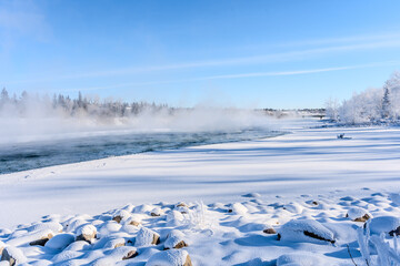 Vaporizing water of the river in winter
