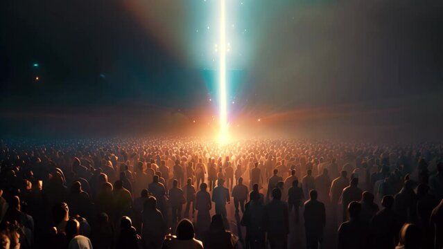 Conceptual Video of crowd of people in front of bright lights, Leadership concept with a crowd of people and light, 3D rendering