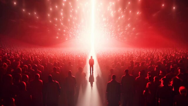 Silhouette of a man standing in front of a crowd of people. 3d rendering, Leadership concept with a crowd of people and light, 3D rendering
