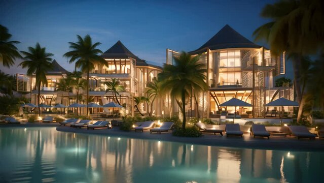 Swimming pool in luxury hotel resort with palm trees at night, Luxury beach resort