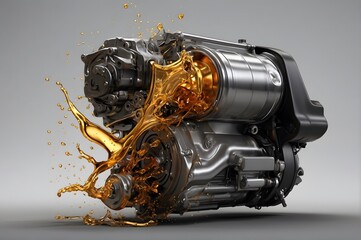 A picture of a car engine with a golden splash of automotive lubricant.