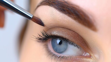 Makeup artist applying eye shadow on eyes of a beautiful young woman.