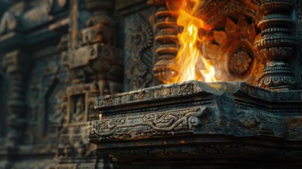 A close-up shot of a traditional Parsi fire temple, with a glowing fire and intricate carvings on the walls.