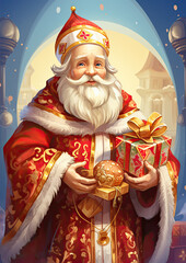 Festive digital painting of santa claus carrying Christmas gifts and a globe