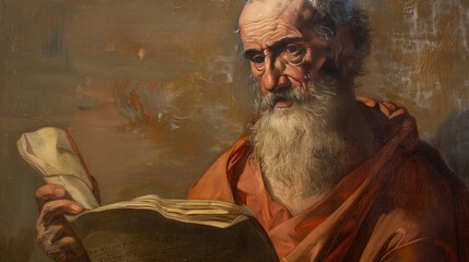 A painting of Hippocrates from the 17th century, with a parchment in his hand. Light background.
