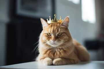 Fluffy orange cat wearing golden crown like a king, laying on table, indoor blurred background. Fashion beauty for pets. Royal pleasure.
