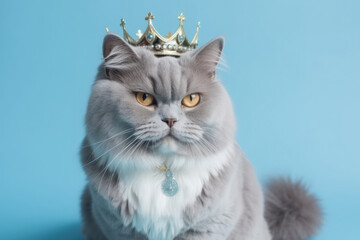 Portrait of persian fluffy gray cat wearing golden crown and diamond necklace like royal pet, on blue solid background. Fashion beauty for animals.