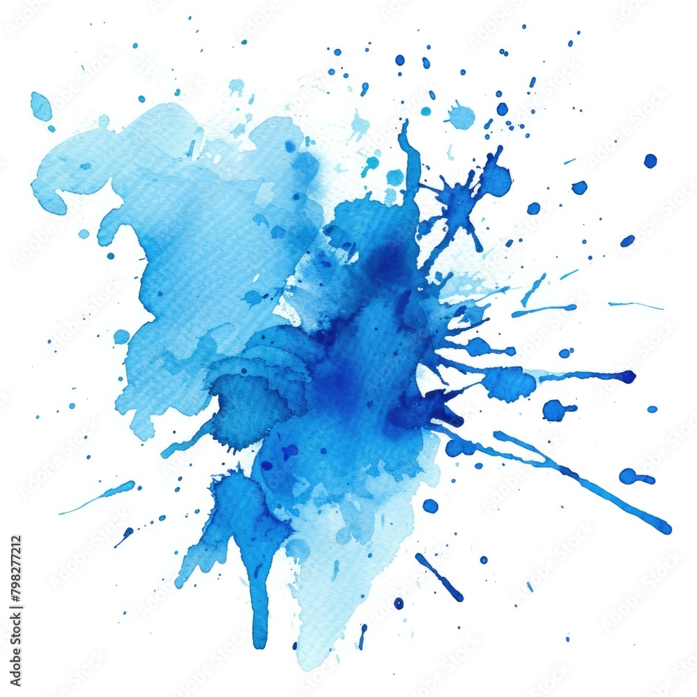 Poster Blue watercolor paint splatter on white background. Generative AI.