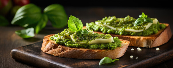Delectable slices of bruschetta topped with homemade pesto and parmesan, presented on a rustic wooden board. - obrazy, fototapety, plakaty