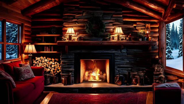 living room with fireplace seamless looping animation video background