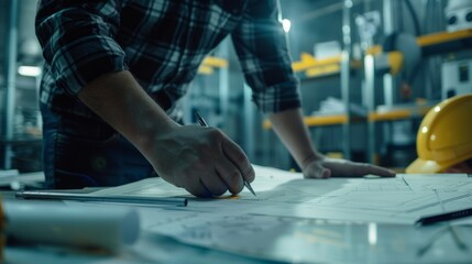 engineer working drawing on blueprint meeting for project working with partner. worker's day. labor day