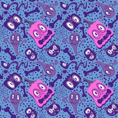 Autumn cartoon doodle print seamless Halloween pumpkins and ghost and cat and skulls and bones pattern
