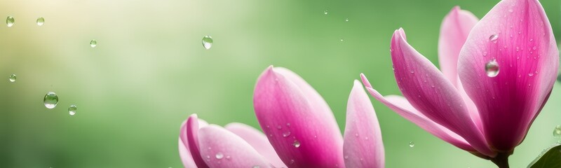 A blooming magnolia flower with dew drops on a light background.