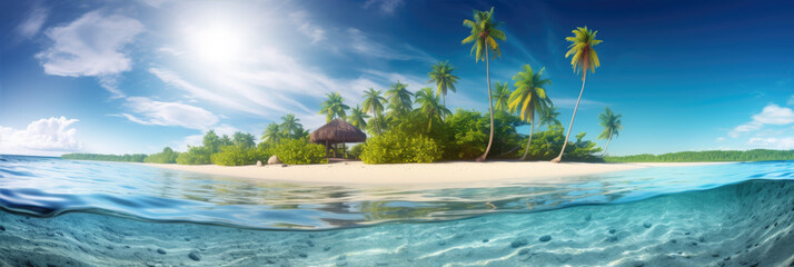 Fototapeta na wymiar Breathtaking panoramic view of a tropical island with palm trees and clear blue waters, symbolizing travel and tranquility