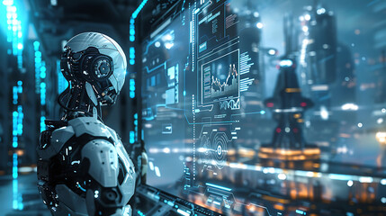 Fototapeta premium A futuristic image depicting the concept of artificial intelligence (A.I.) in action, showcasing the intersection of technology and human ingenuity
