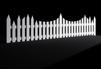An uneven white picket fence; concept of uneven, unpredictable order amidst chaos or unruly neighbors, isolated on black - obrazy, fototapety, plakaty