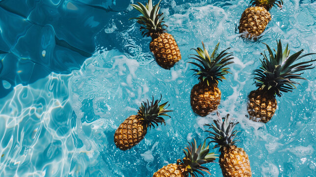 photo of pineapples swimming on a pool, water, brite sky, photo taken from above 