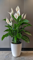 Peace Lily in White Planter against a Gray Textured Wall
