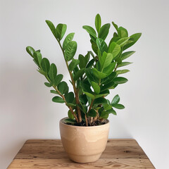 Lush Zamioculcas Zamiifolia in a Sunlit Room with Cozy Accents