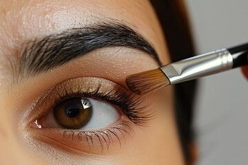 Makeup artist applying eye shadow on eyes of a beautiful young woman.