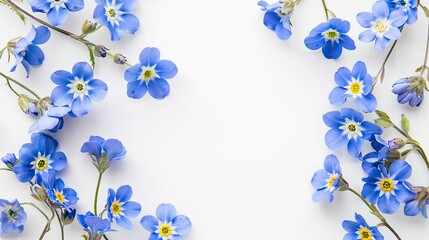 A top down view of delicate blue forget me not flowers set against a crisp white backdrop providing a blank canvas for your text