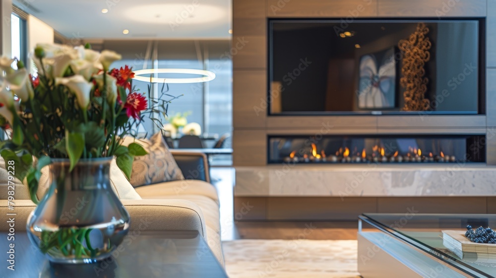 Poster a modern apartment with a floating entertainment unit featuring a slender linear fireplace adding a 