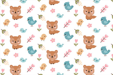 seamless pattern with cute animals y on white background- vector illustration,