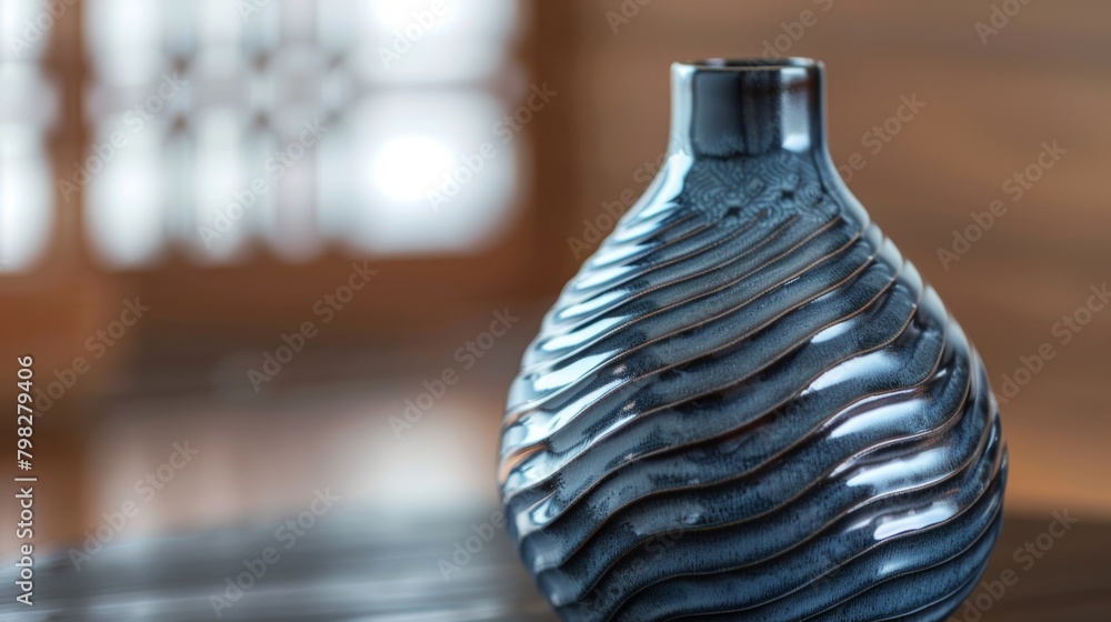 Aufkleber A handcrafted vase featuring a rippled pattern resembling the movement of waves in a glossy charcoal glaze..